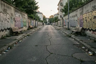 Rue dégradée dans un quartier défavorisé de Grenoble avec graffitis et trottoirs abandonnés